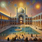 Grand architectural space with blue and gold mosaics