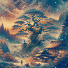 Japanese Pagoda by River at Sunset in Serene Landscape