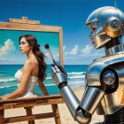 Futuristic Robot Artist Painting on a Beach