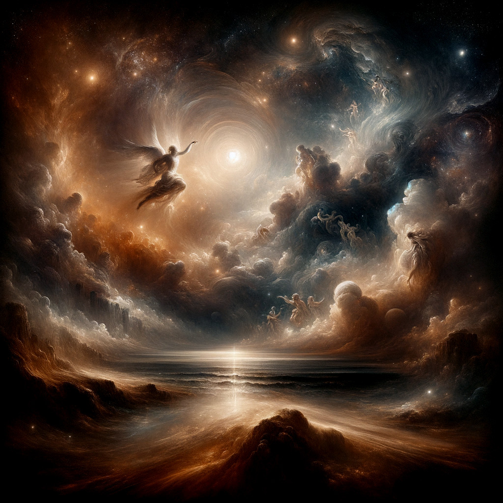 Cosmic Landscape with Celestial Bodies and Angelic Figure