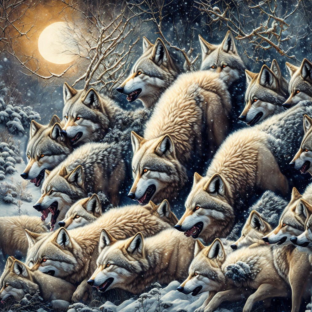Mystical Winter Scene with Wolves in Snowy Landscape