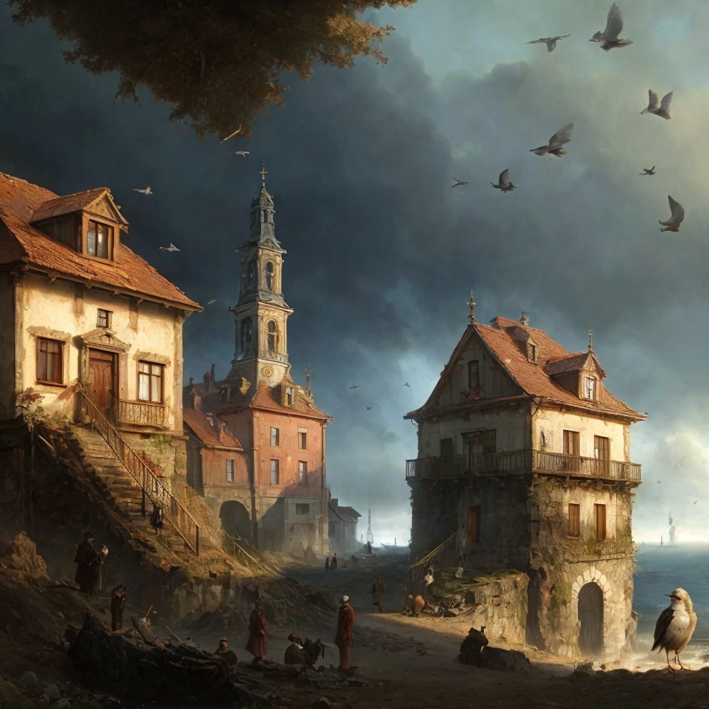 Imaginary Medieval Village by Water in Stormy Twilight