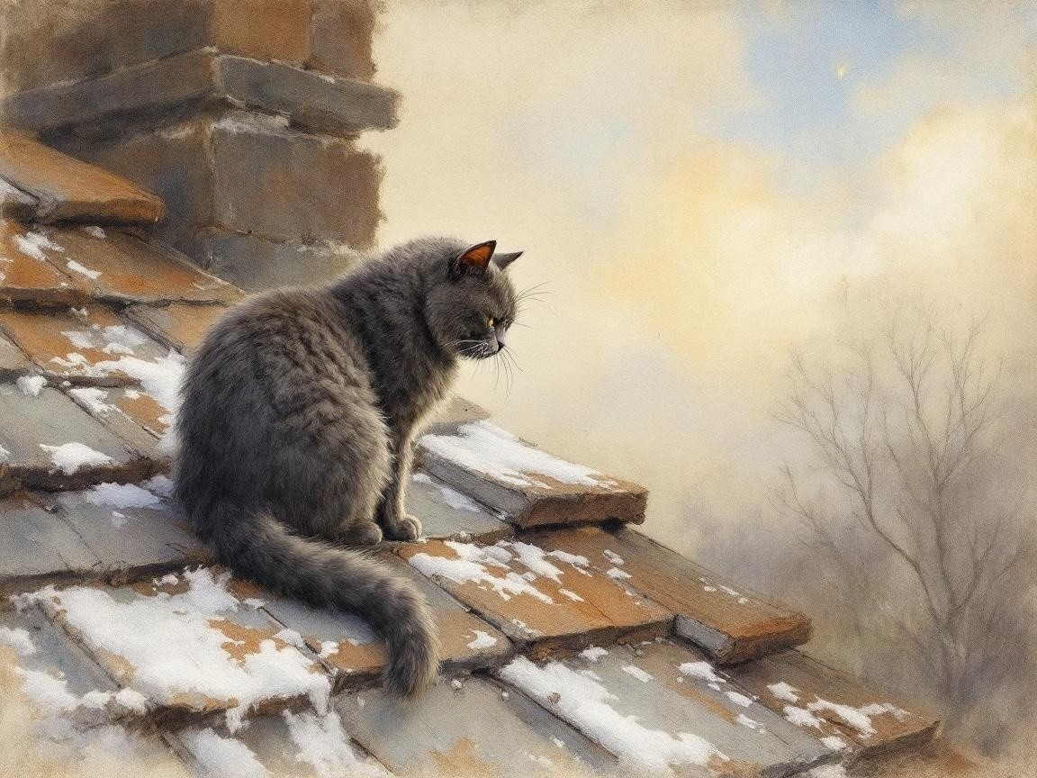 Gray Cat on Snow-Dusted Rooftop in Winter Landscape