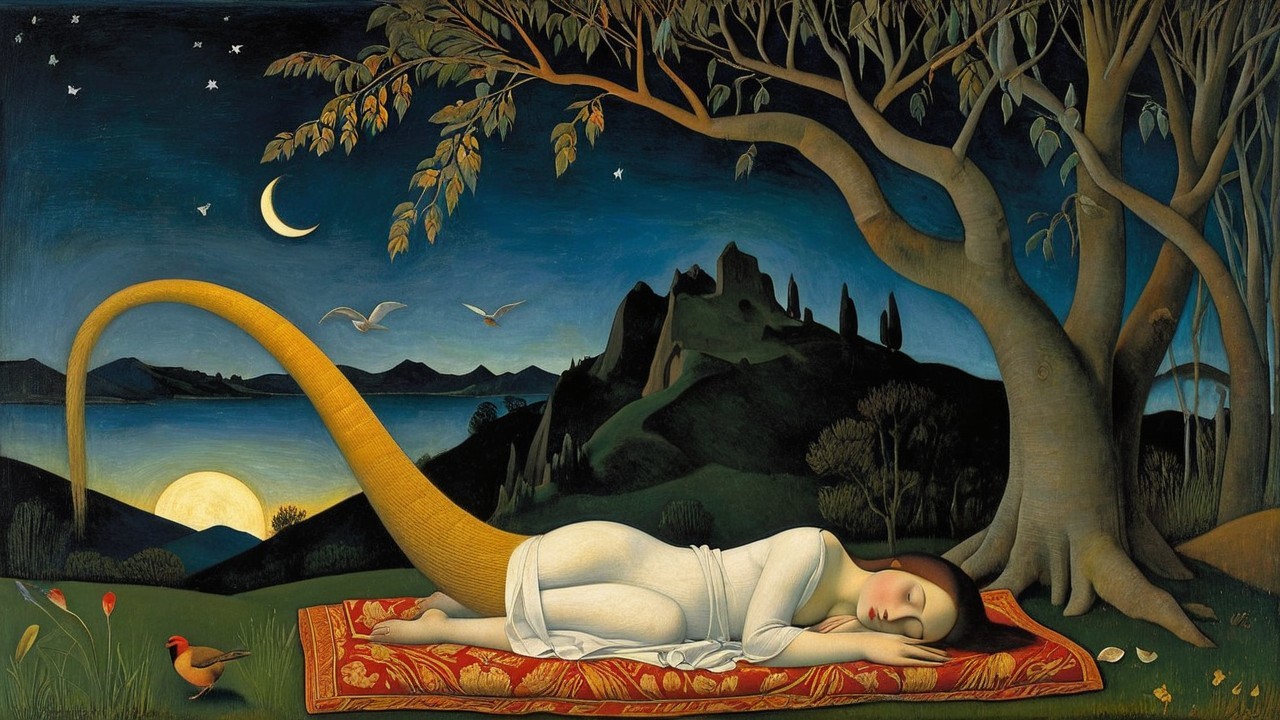 Serene Landscape with Woman Sleeping Under Moonlight