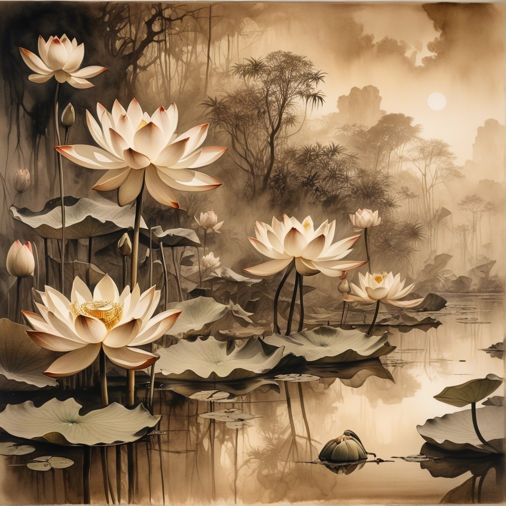 Serene Lotus Flowers in a Tranquil Pond Landscape