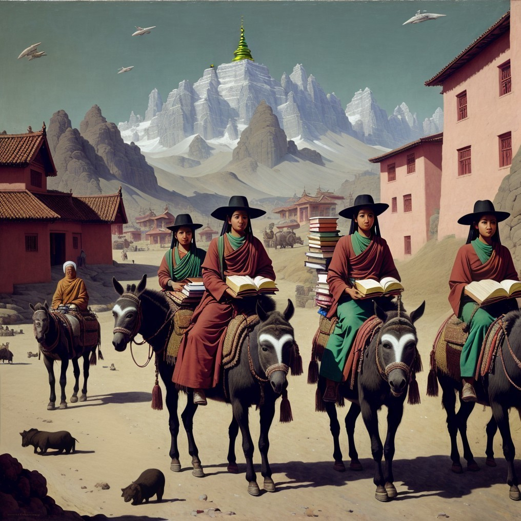 Figures on Horseback in Mountainous Landscape with Books
