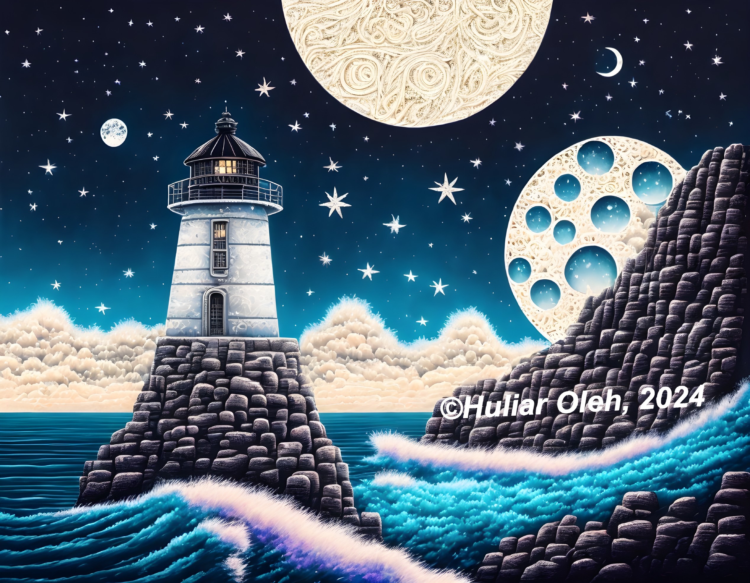 Luminous lighthouse on cliffs under starry night sky