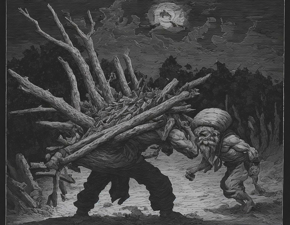 Monochrome illustration: Robust troll-like creatures carrying sticks under moonlit sky