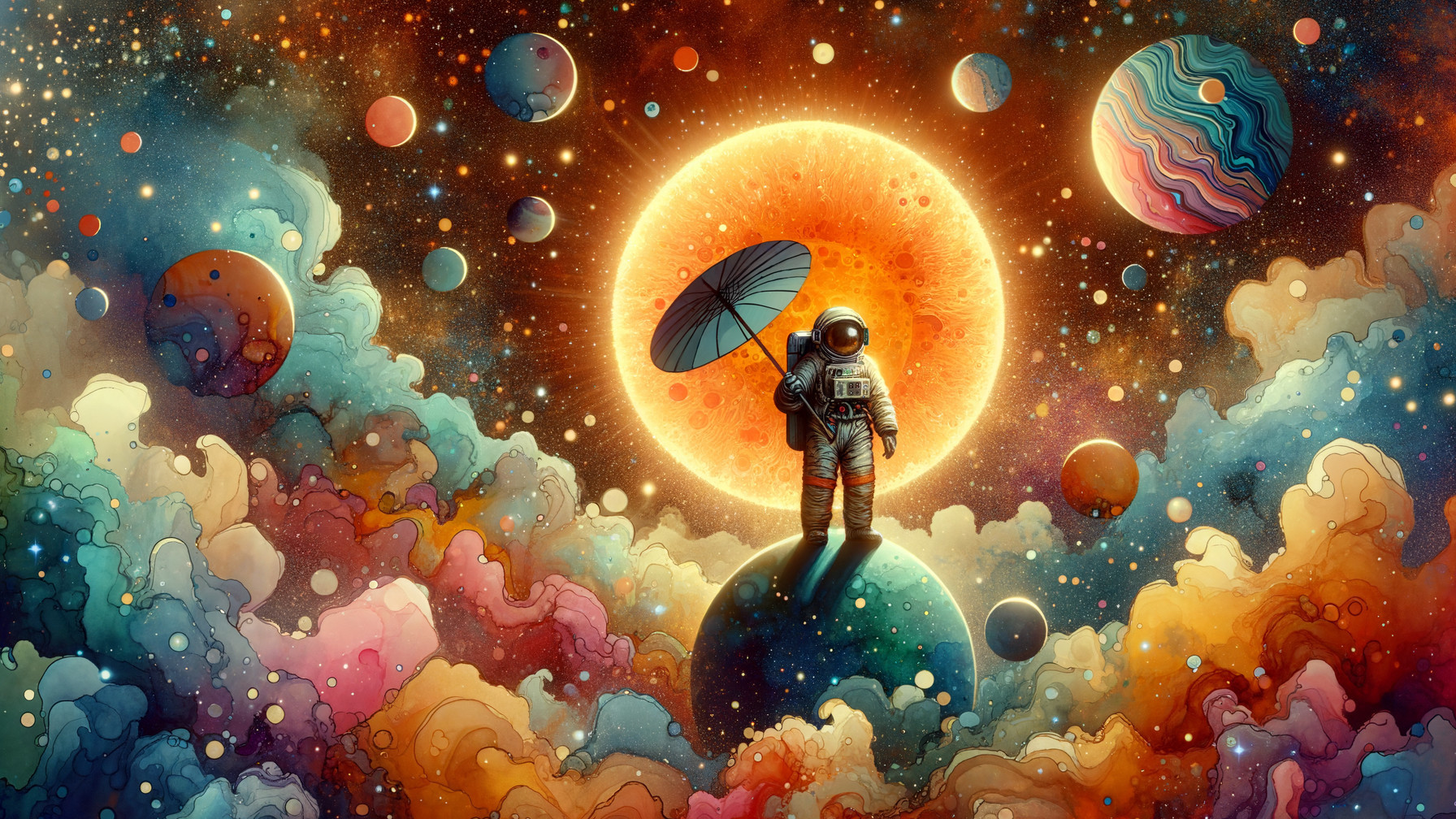 Astronaut on a Colorful Surreal Planet with Celestial Bodies