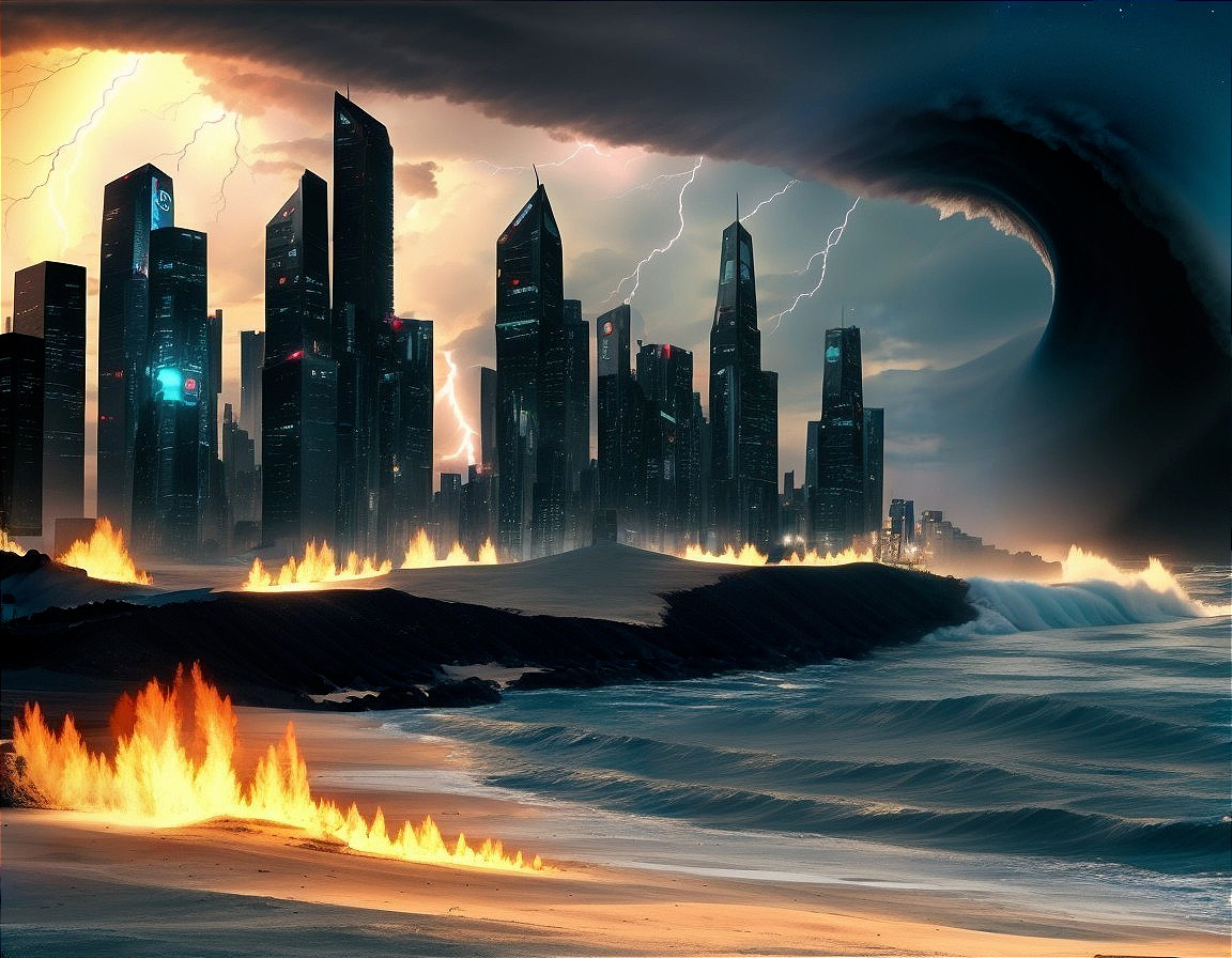 Surreal cityscape with skyscrapers, fiery shores, stormy skies, lightning, and