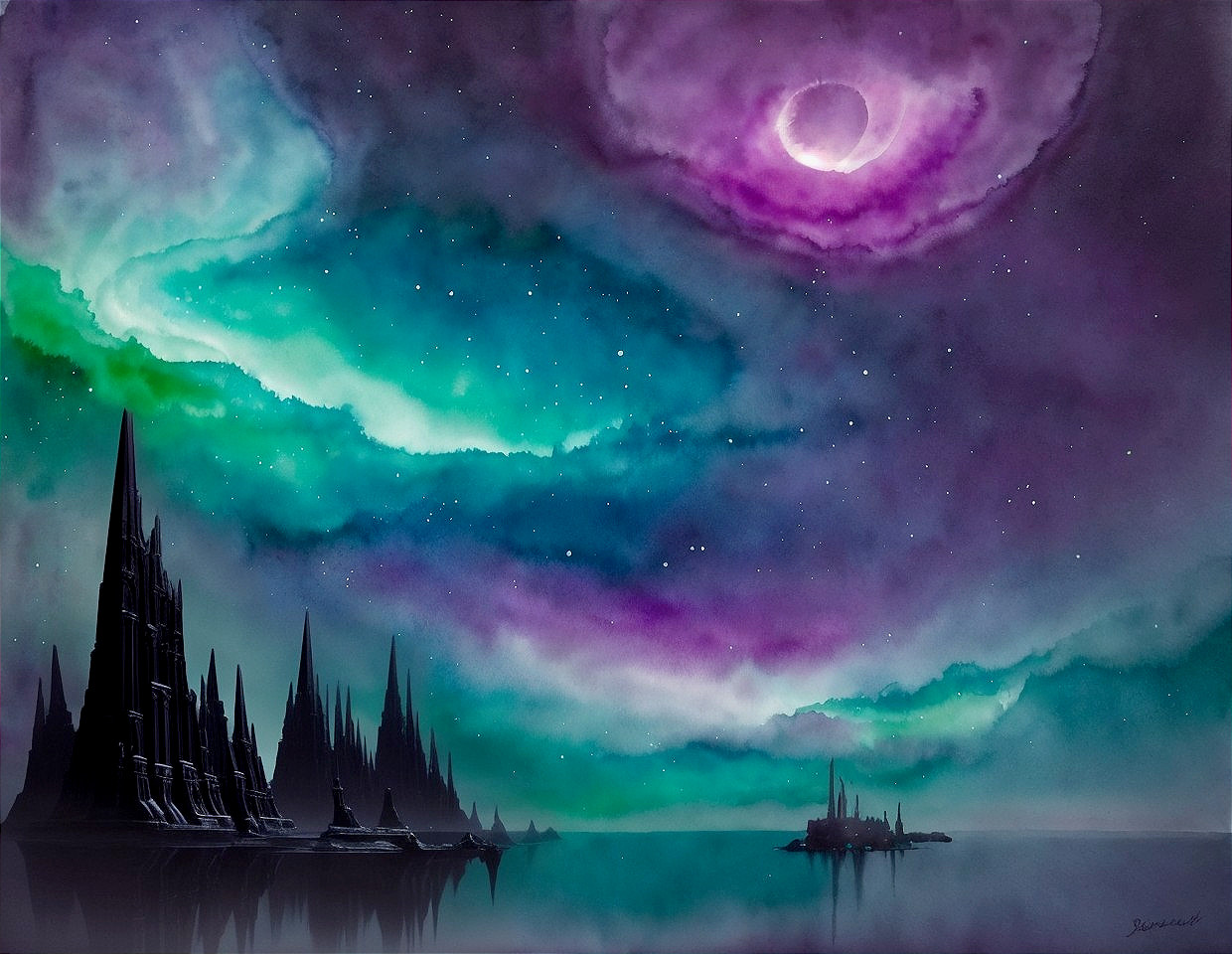 Mystical nocturnal landscape with aurora borealis, crescent moon, gothic castle,