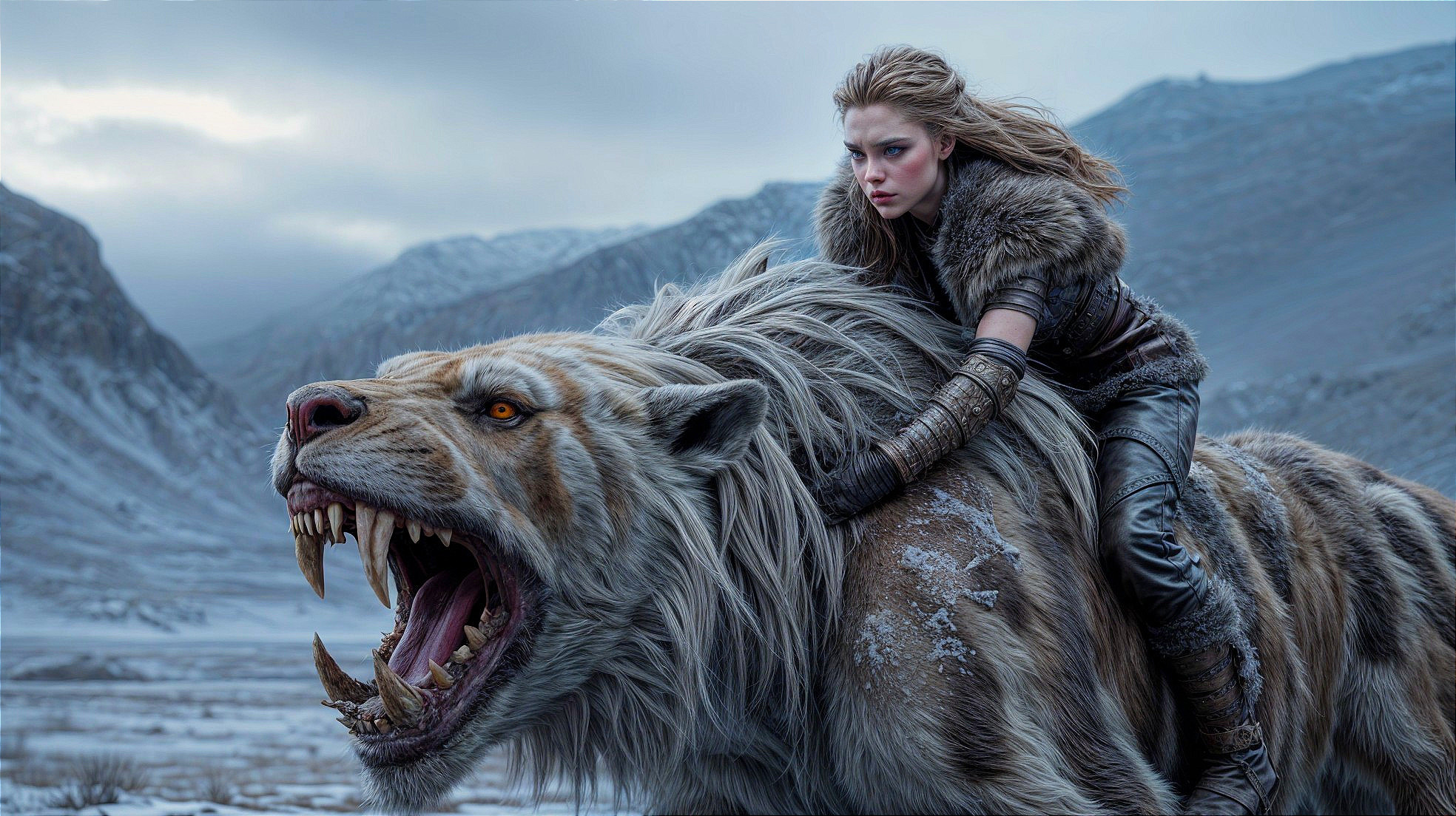 Warrior on Snowy Tiger in Icy Mountain Landscape