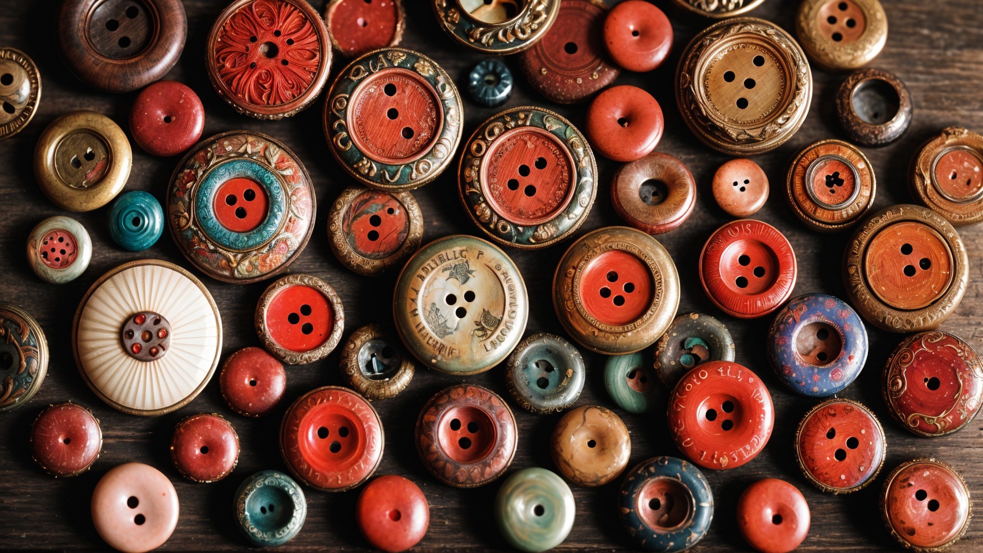 Vintage Buttons Collection on Wooden Surface