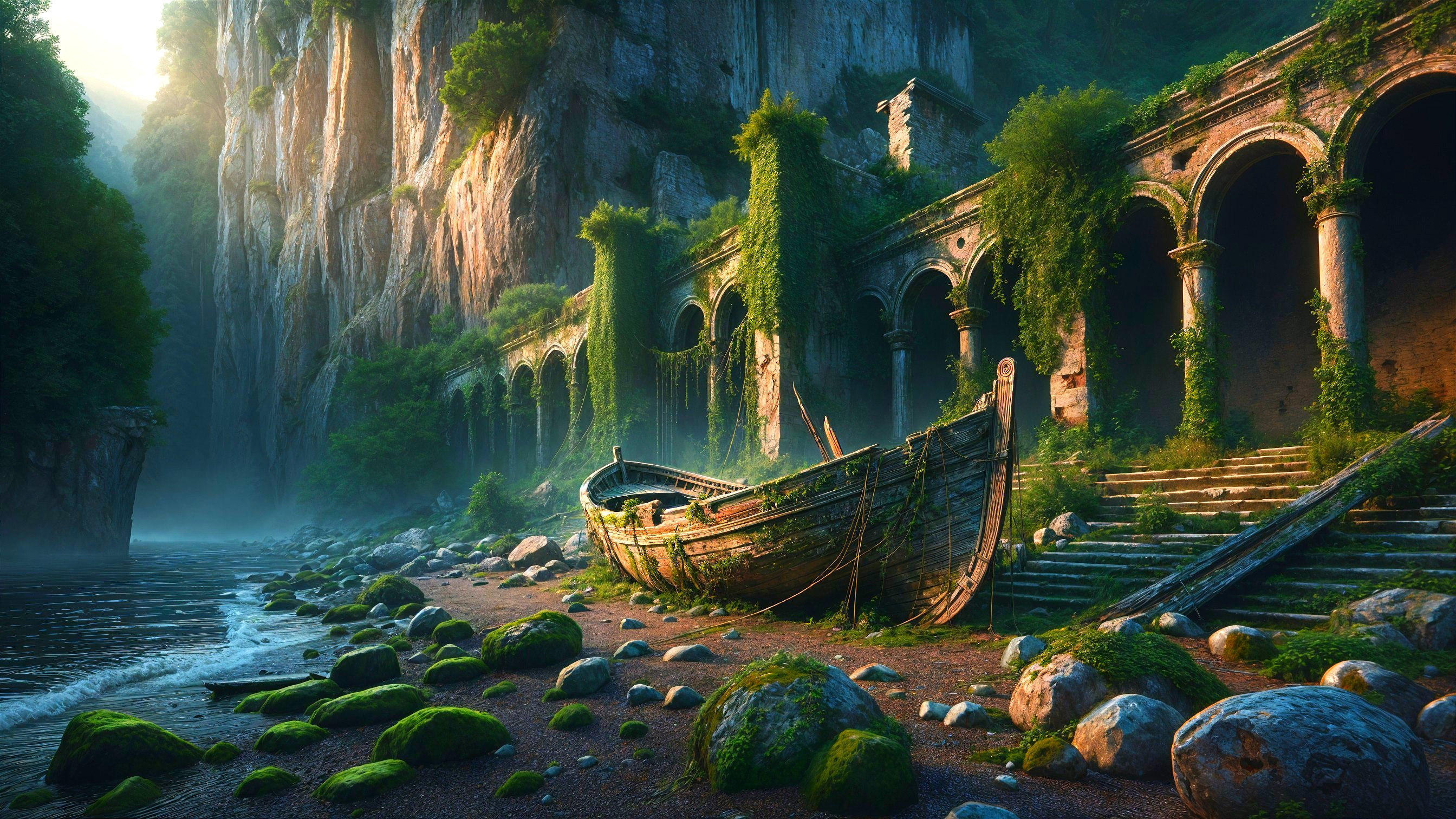 Ancient Boat on Rocky Shore with Lush Greenery