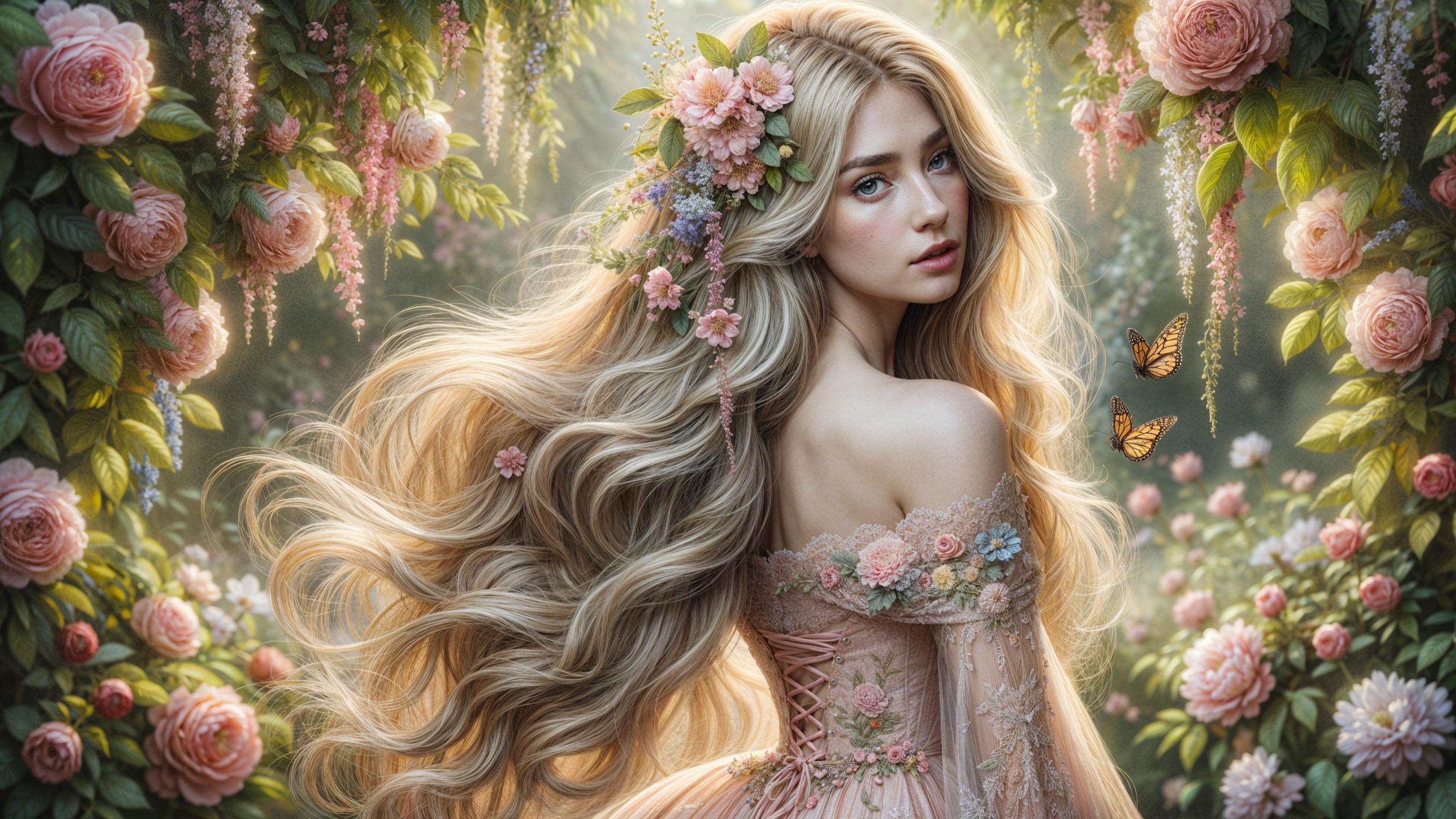 Young Woman in Floral Gown Surrounded by Nature