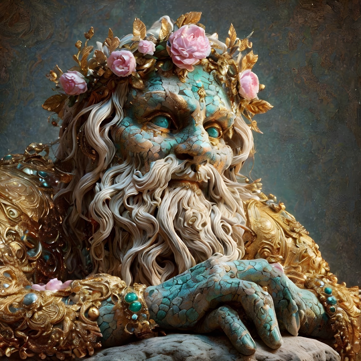 Blue cracked skin texture on ornate figure with golden crown and garment.