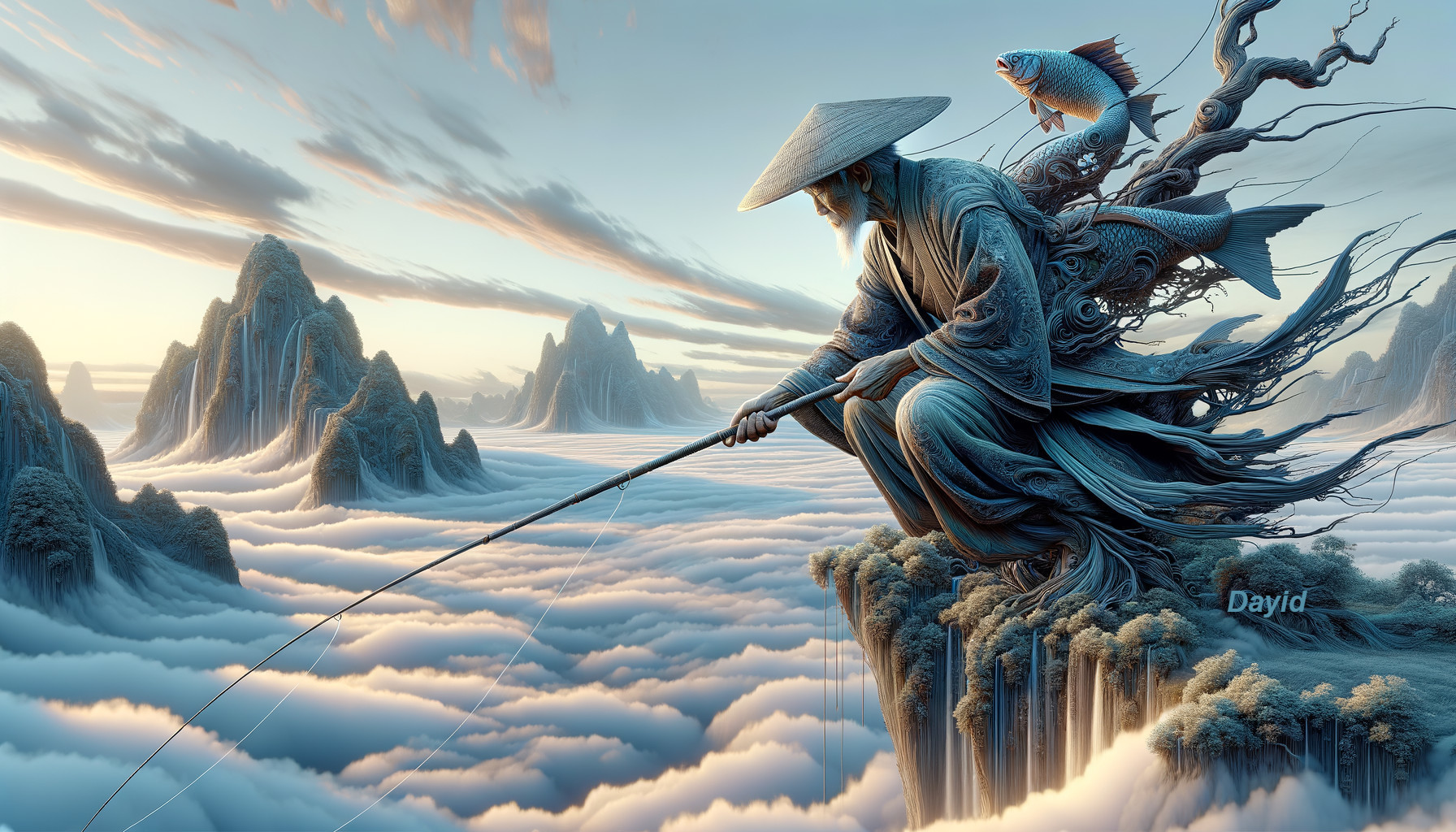 Ethereal Landscape with Fisherman and Cloud Sea