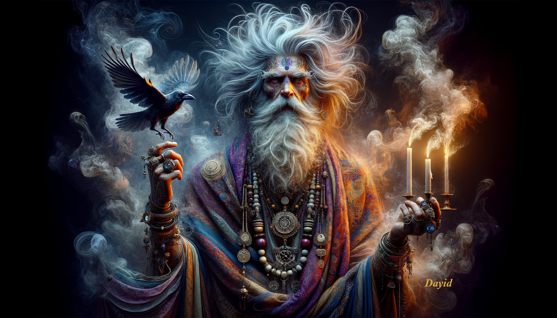 Mystical figure with white hair and candles in smoke