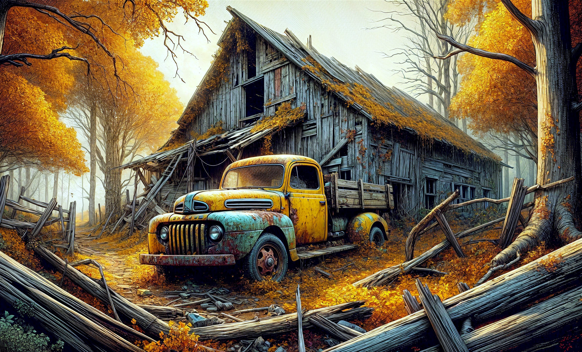 Old Pickup Truck by Dilapidated Barn in Autumn Setting