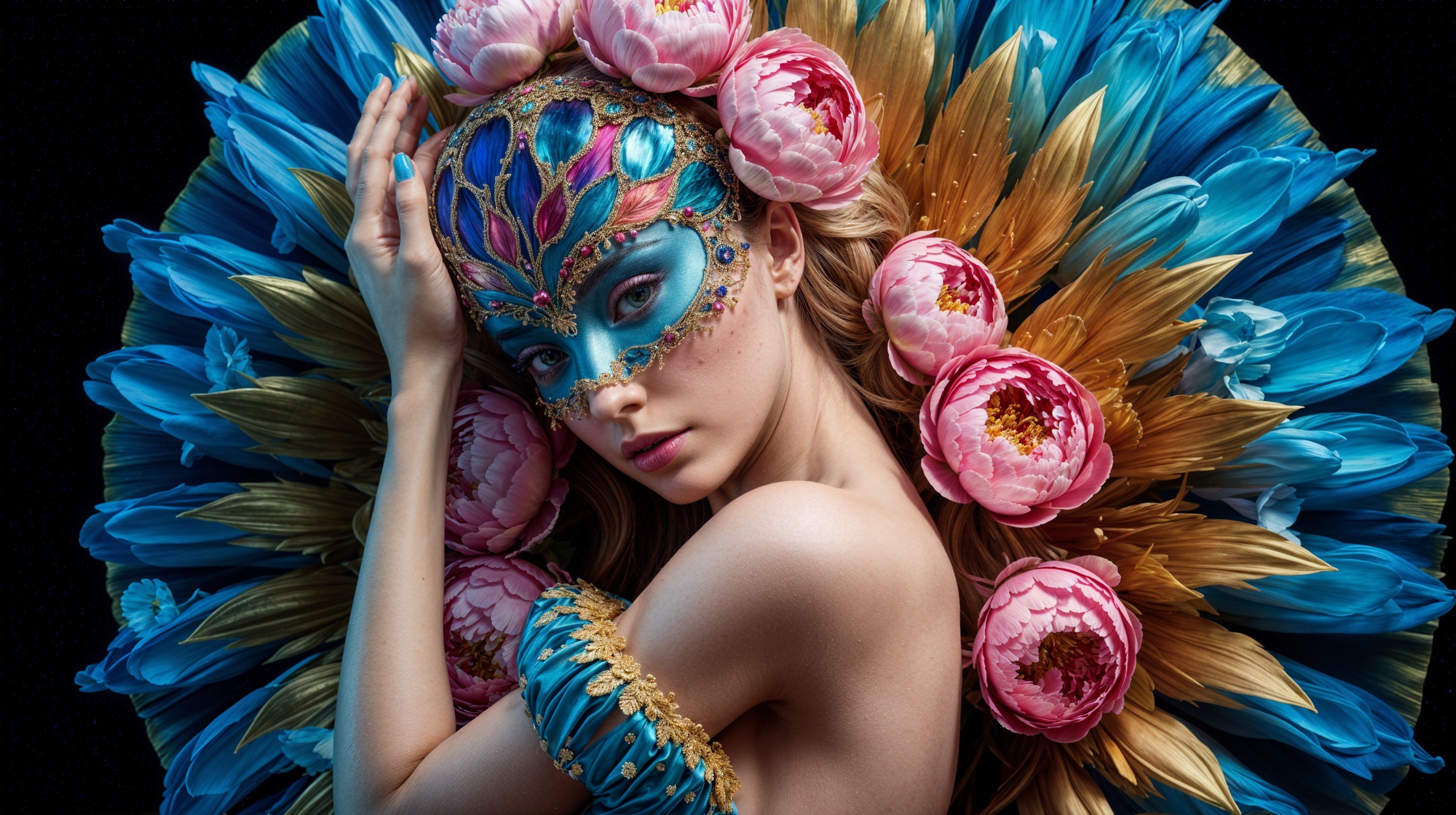 Portrait of a woman with ornate mask and peonies