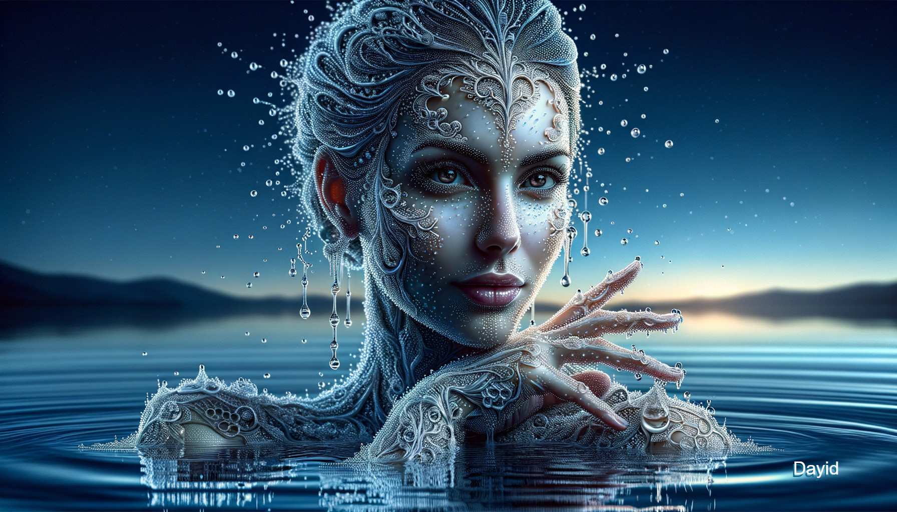 Digital artwork of a woman with silver patterns in water