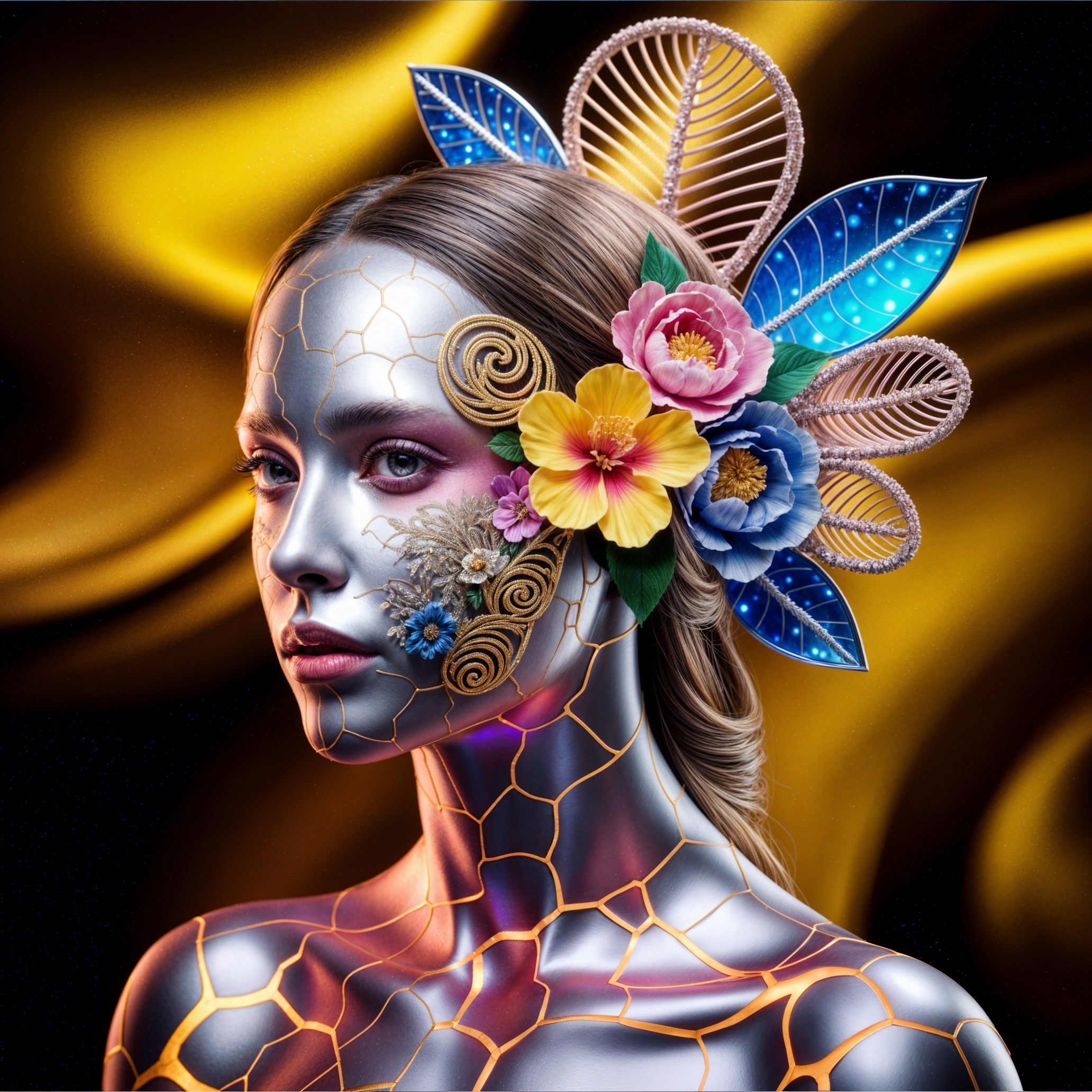 Futuristic Portrait of a Woman with Silver Face and Floral Elements