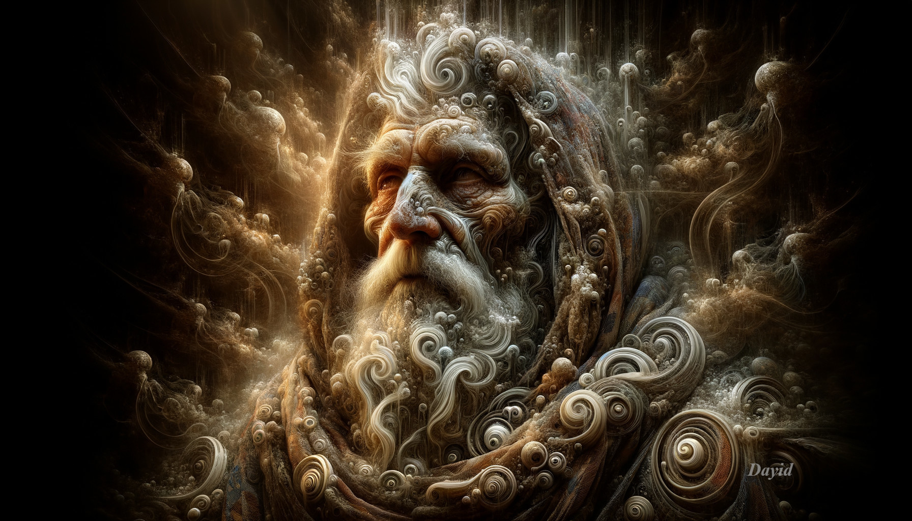 Elderly figure with cosmic patterns and ethereal glow