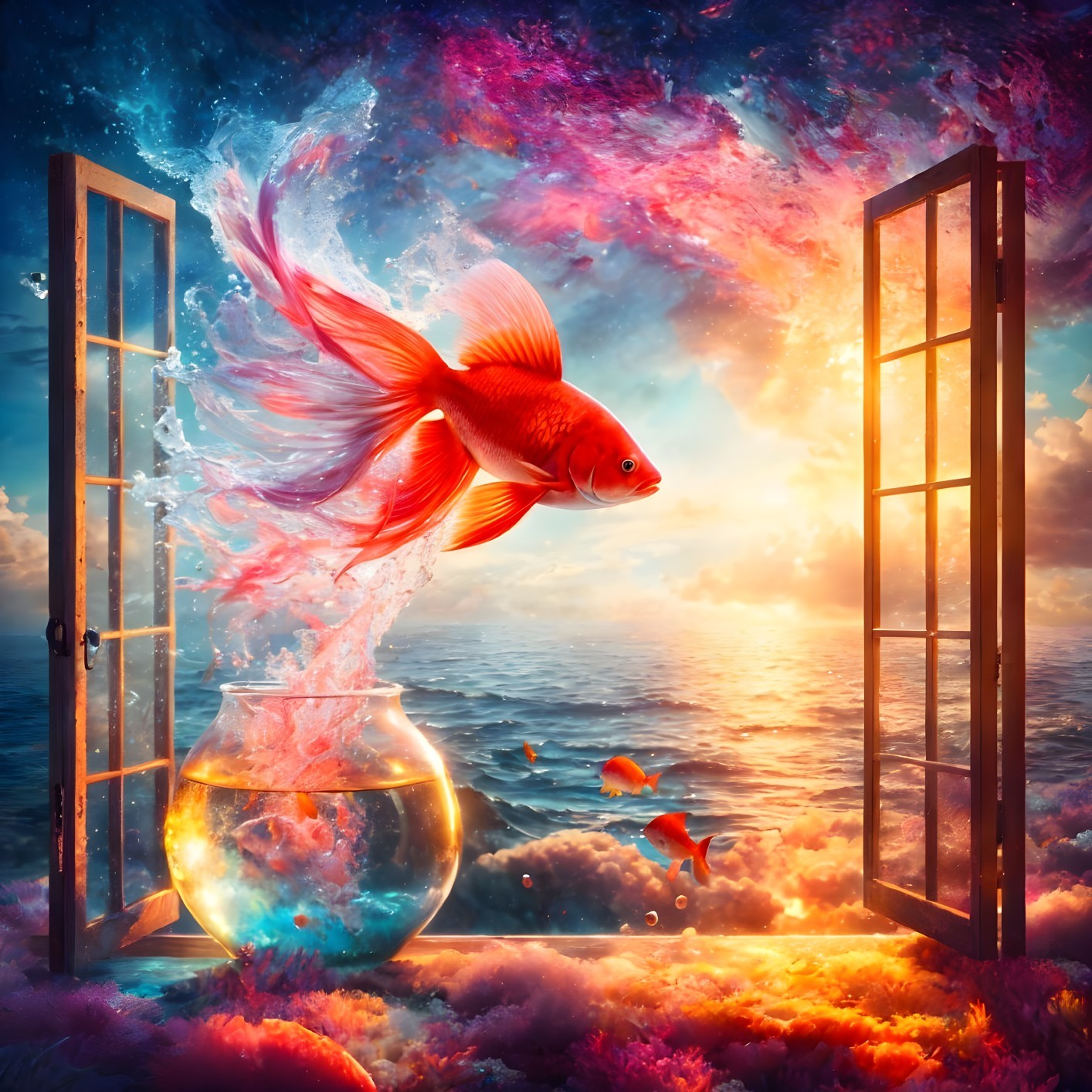 Goldfish leaping from bowl in vibrant seascape with surreal sunset sky