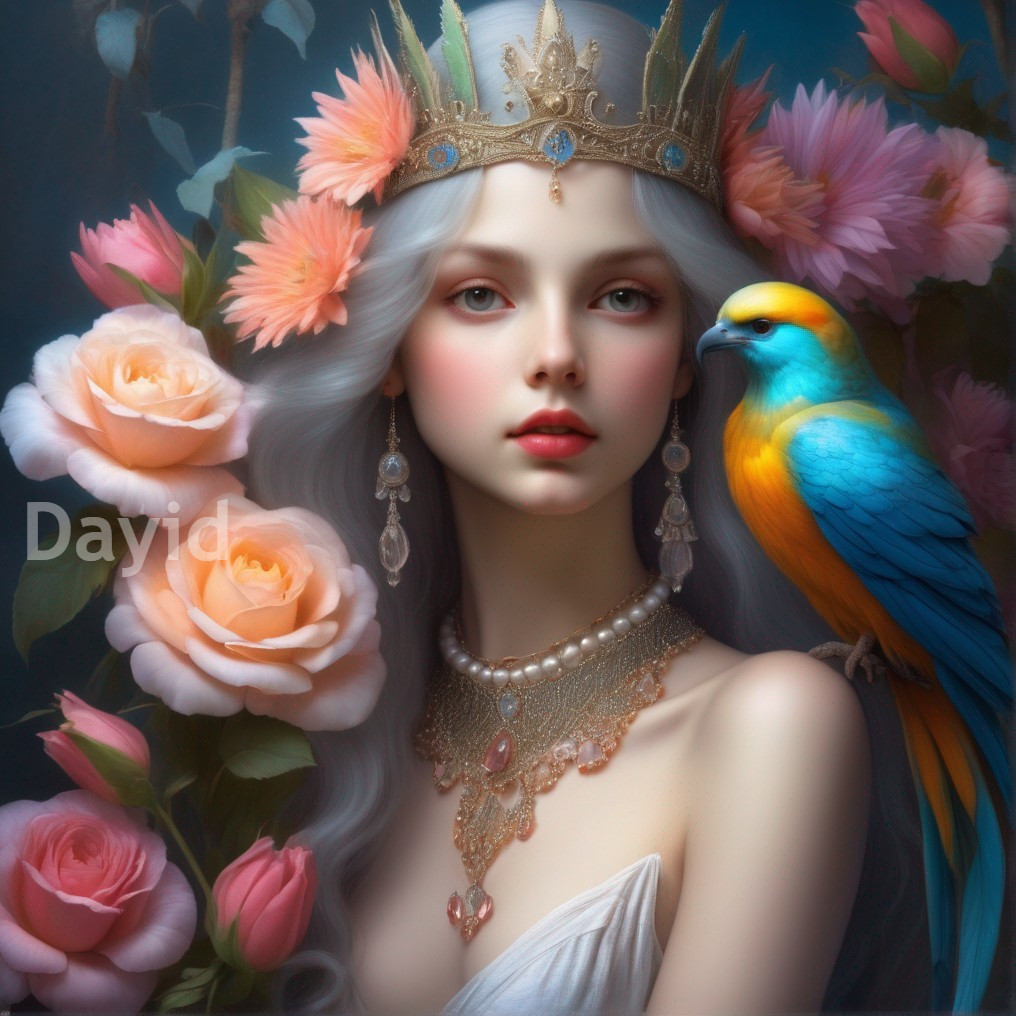 Fantasy portrait: Pale woman with crown, roses, blue and yellow bird