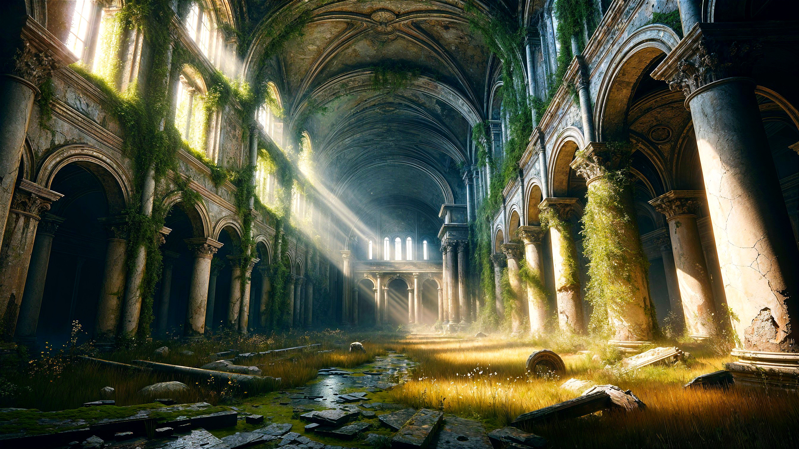 Abandoned Hall with Vines and Sunlit Atmosphere