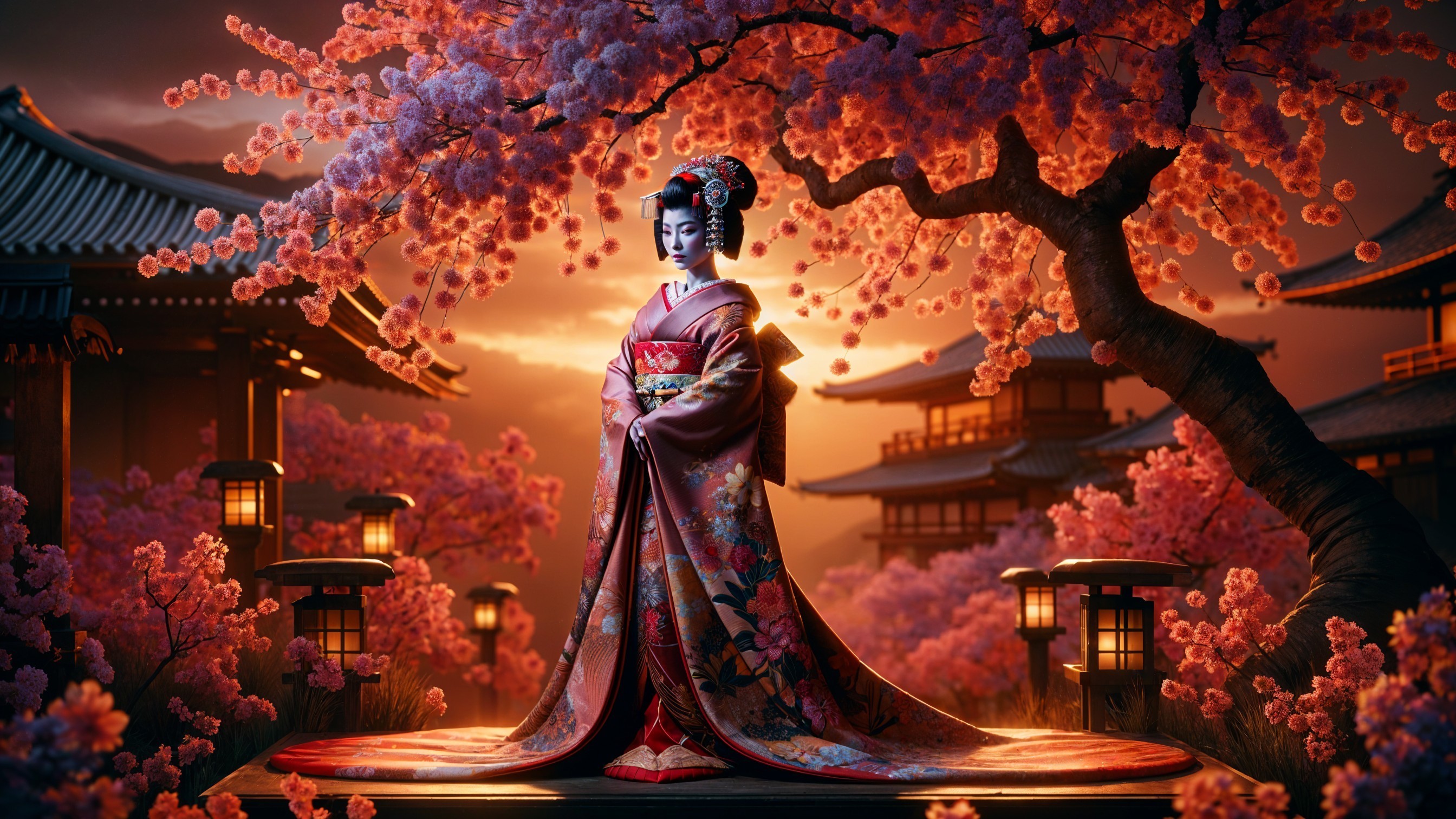 Traditional Kimono Figure in Cherry Blossom Garden