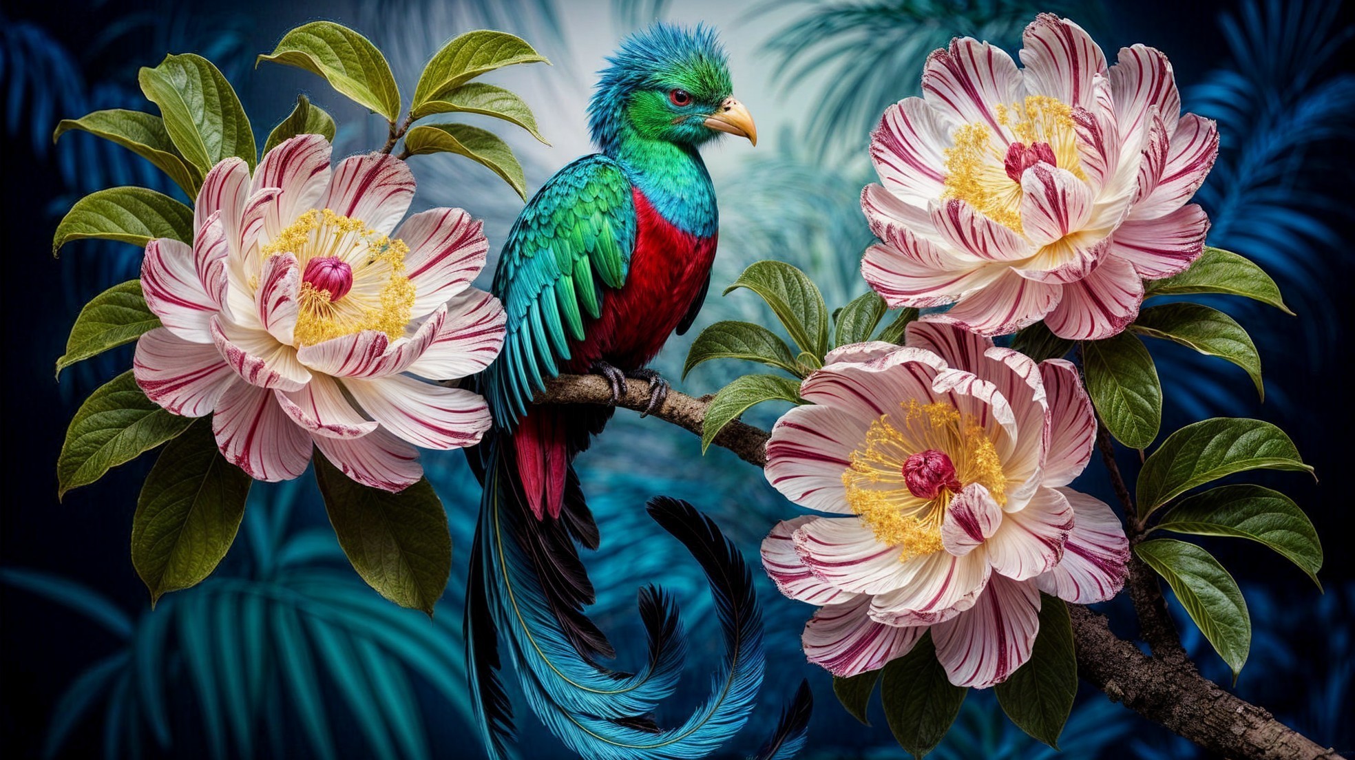 Vibrant Quetzal on Flowering Branch in Tropical Setting