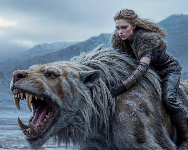 Warrior on Snowy Tiger in Icy Mountain Landscape