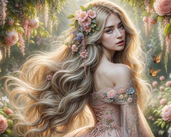 Young Woman in Floral Gown Surrounded by Nature