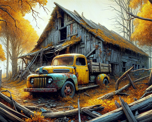Old Pickup Truck by Dilapidated Barn in Autumn Setting