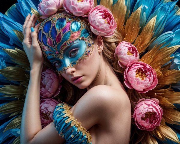 Portrait of a woman with ornate mask and peonies
