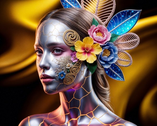 Futuristic Portrait of a Woman with Silver Face and Floral Elements