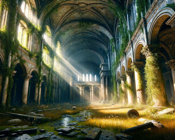 Abandoned Hall with Vines and Sunlit Atmosphere
