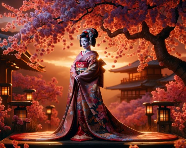 Traditional Kimono Figure in Cherry Blossom Garden