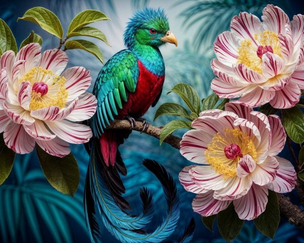 Vibrant Quetzal on Flowering Branch in Tropical Setting