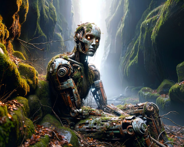 Humanoid Robot in Overgrown Canyon Surrounded by Nature