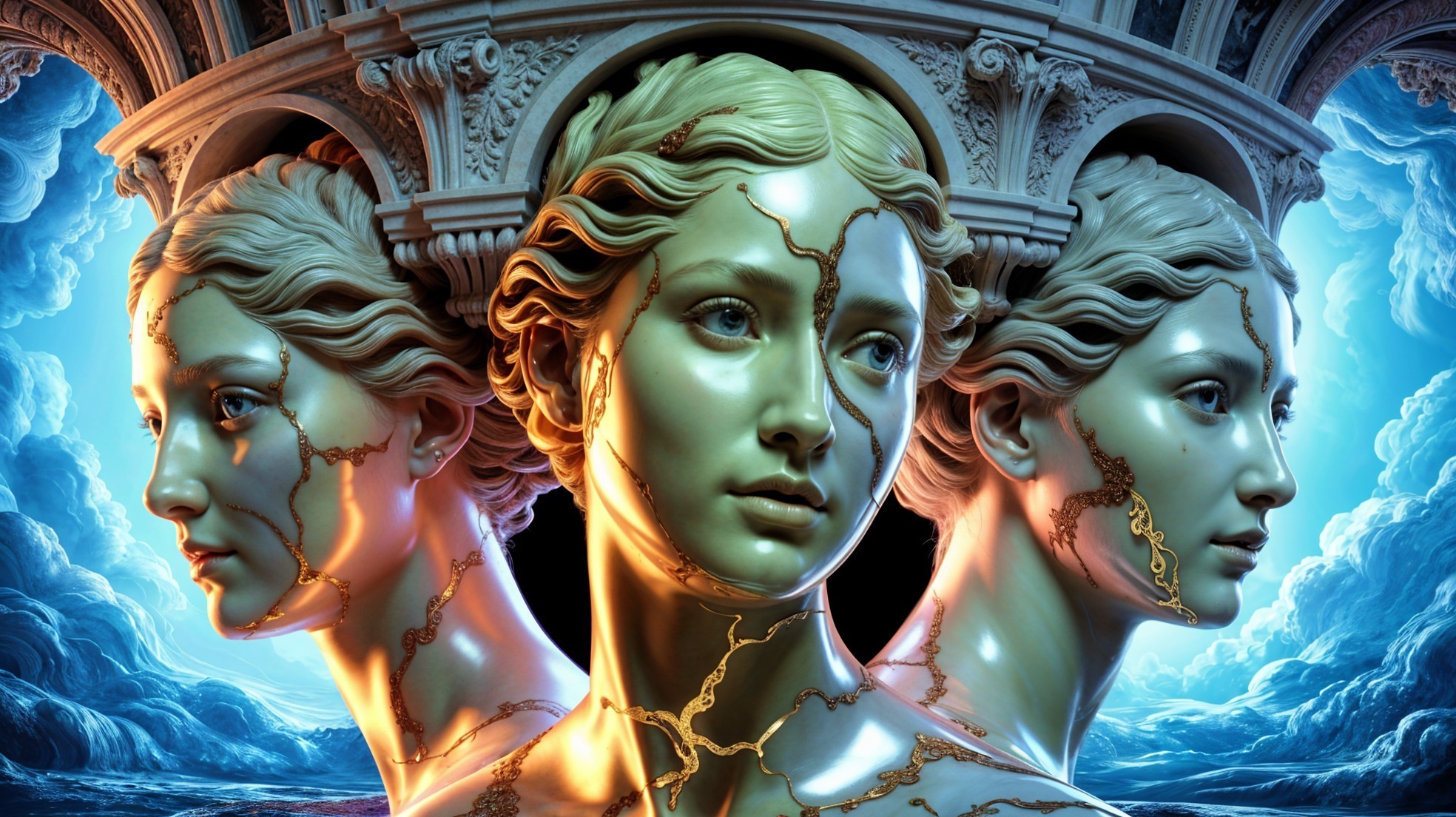 Three Stylized Busts of a Woman with Gold Texture