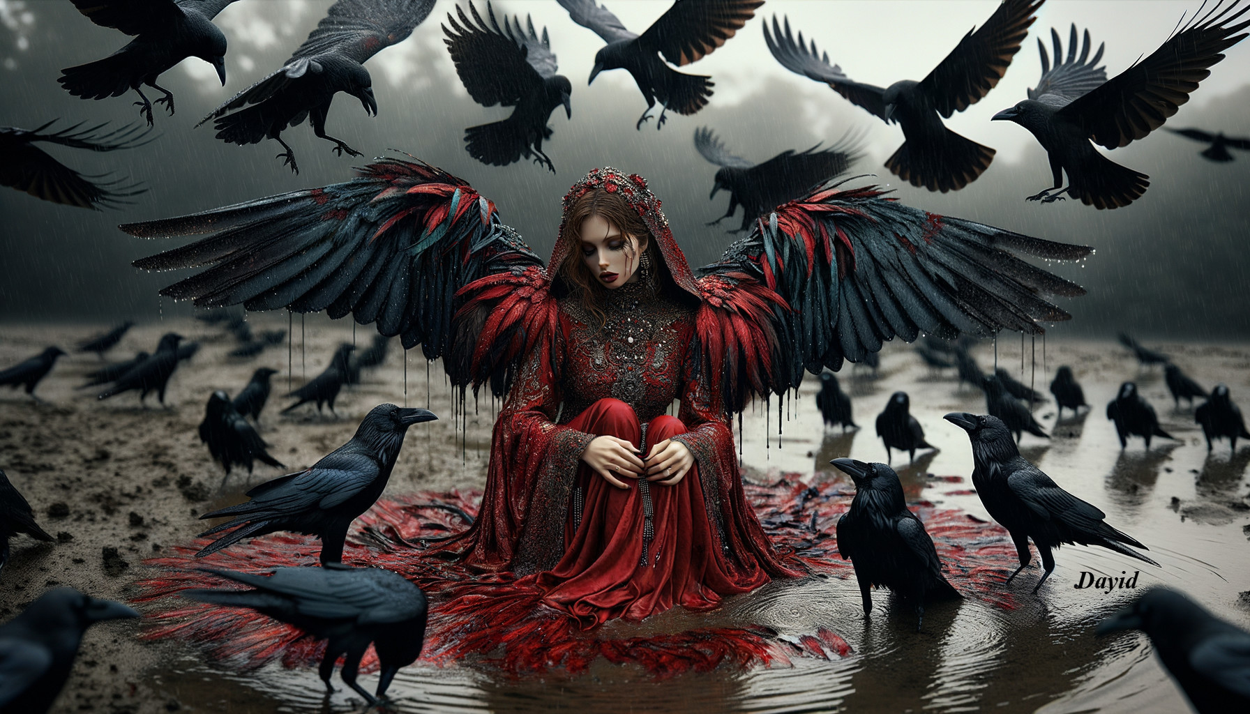 Red Gown Figure Amidst Misty Landscape and Crows