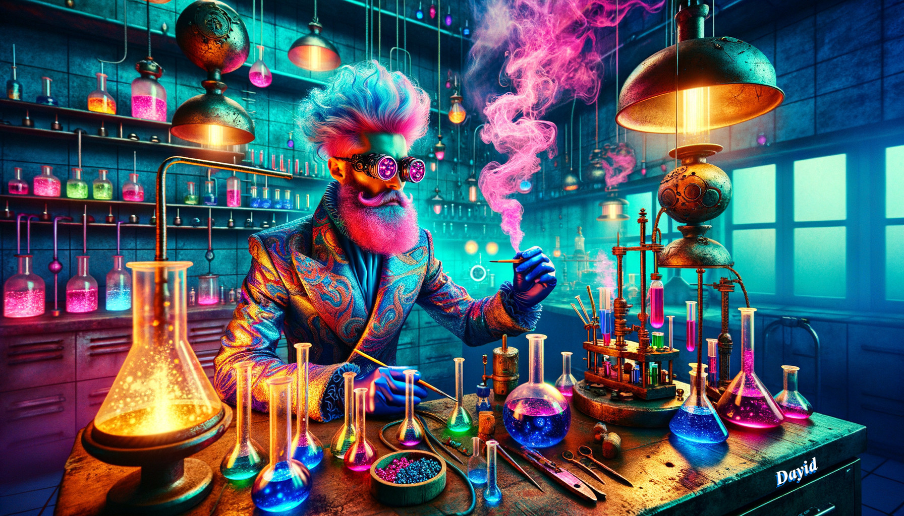 Whimsical laboratory scene with colorful scientist and glassware