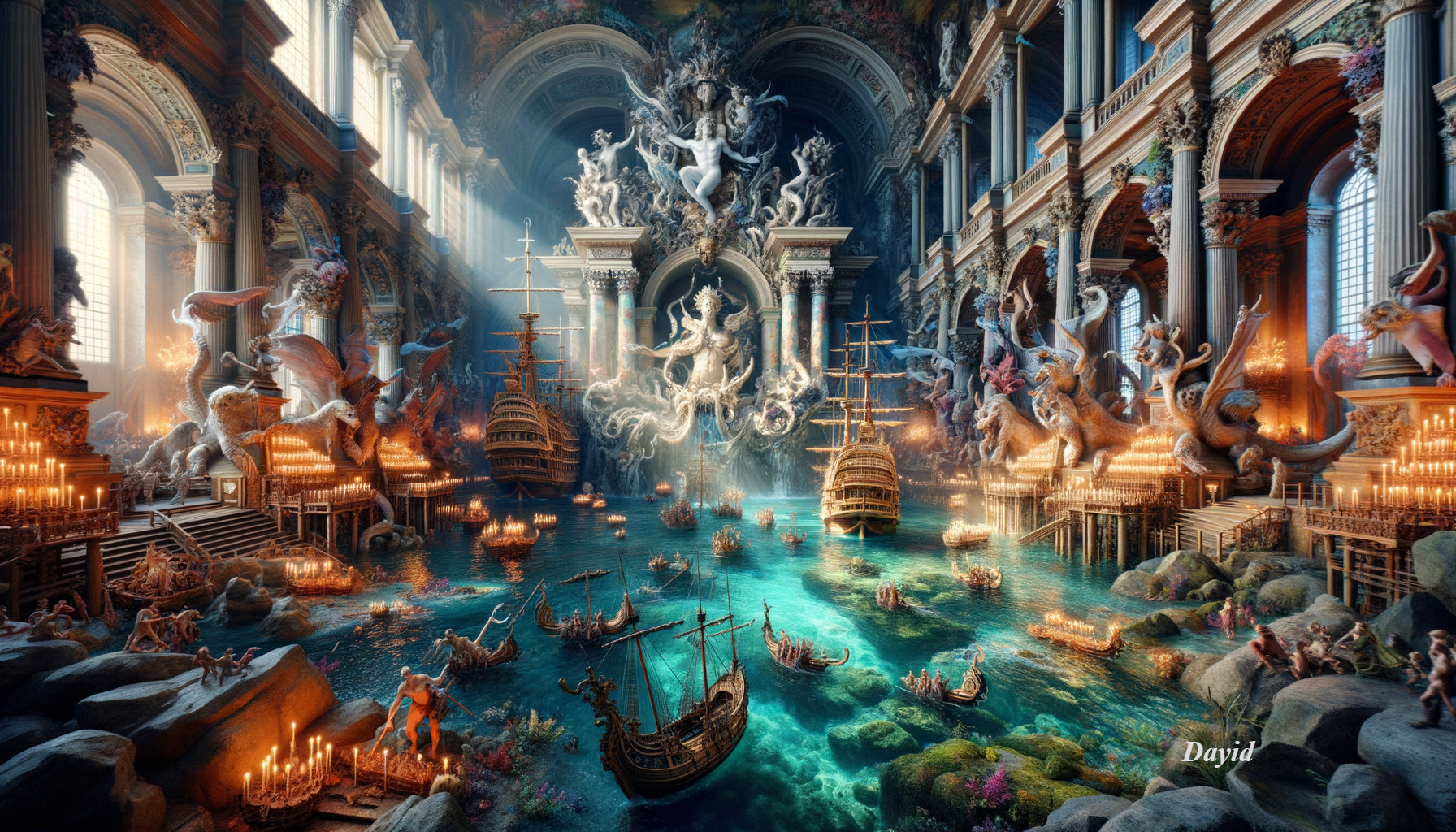 Ornate Underwater Scene with Mythical Statues and Ships