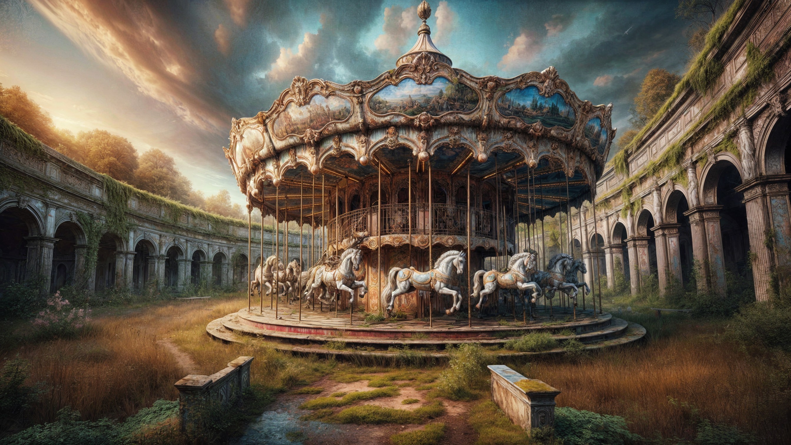 Ornate carousel in overgrown courtyard setting