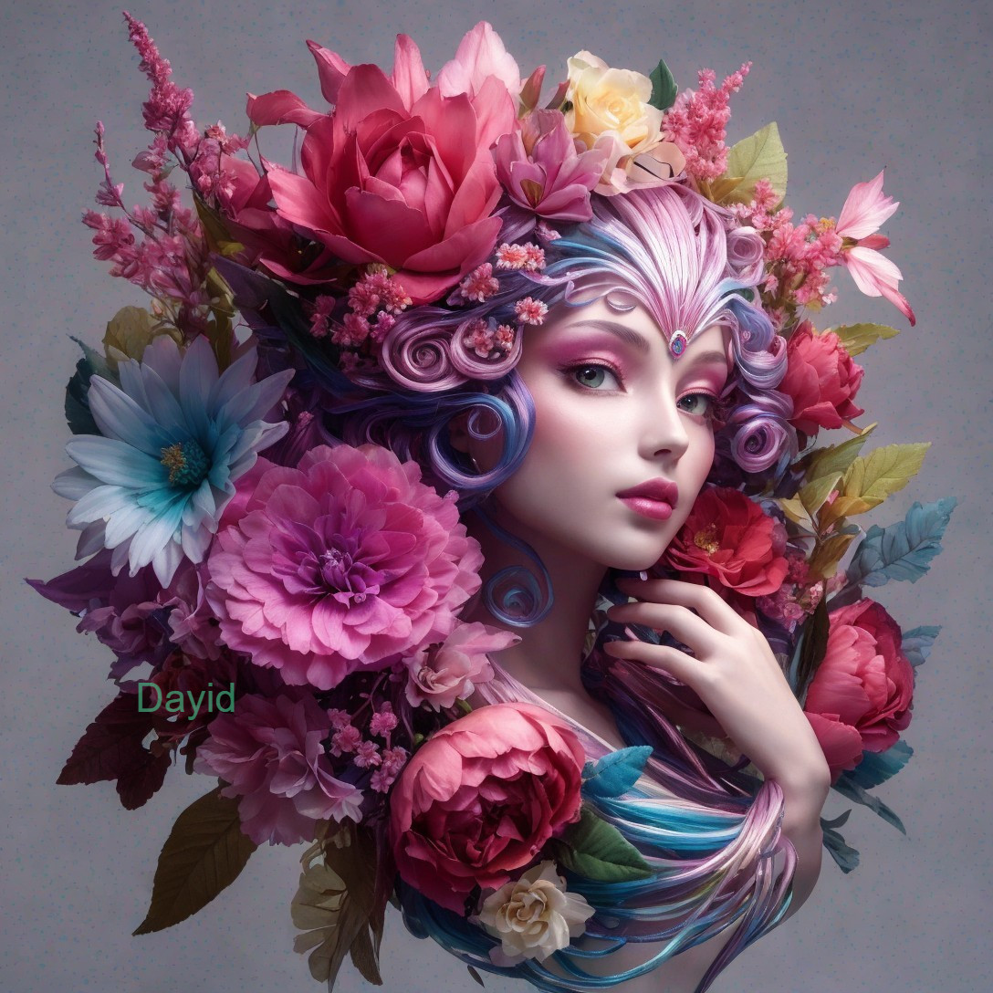 Vibrant Digital Artwork of Woman with Floral Hair