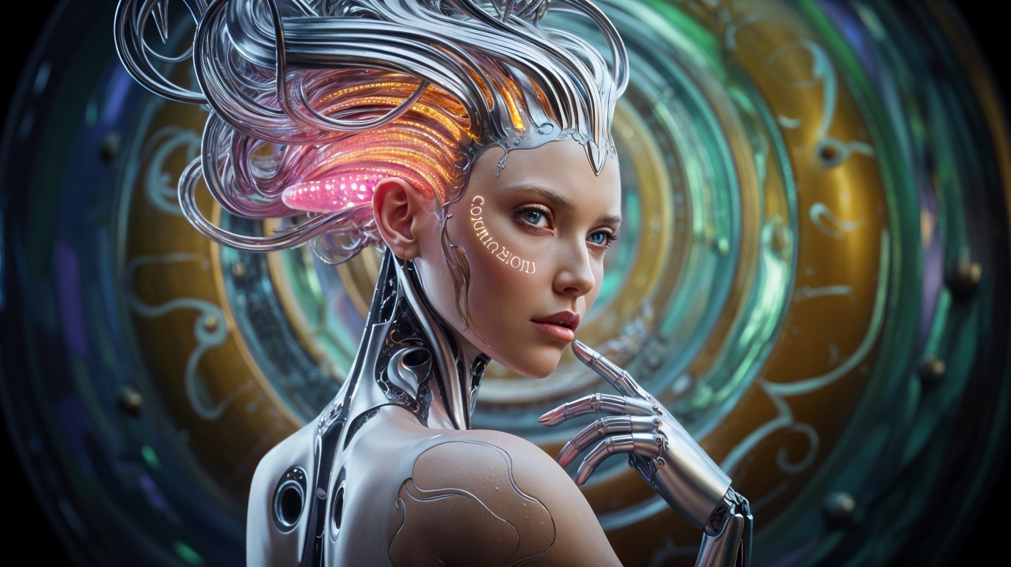 Futuristic humanoid figure with metallic features and vortex