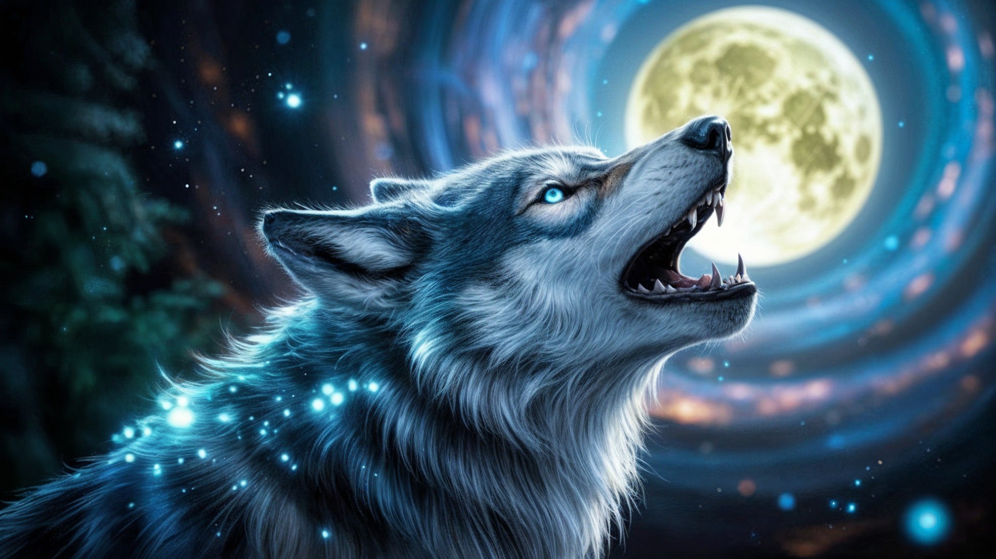 Wolf Howling at Full Moon with Starry Background
