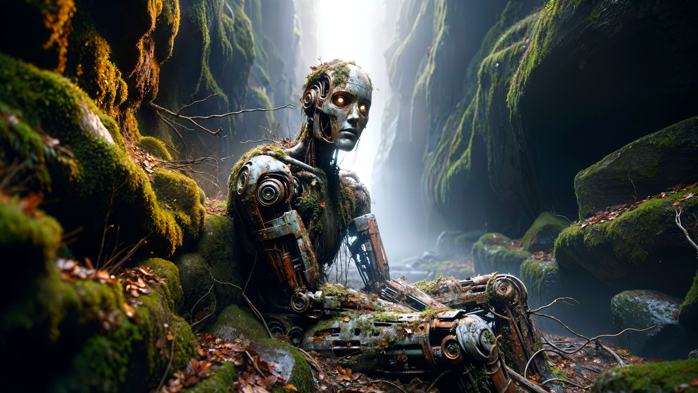 Humanoid Robot in Overgrown Canyon Surrounded by Nature